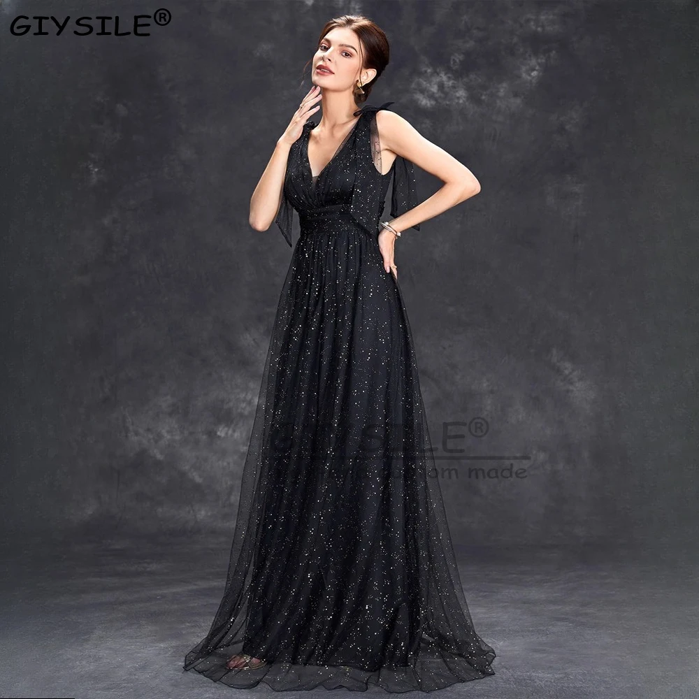 

GIYSILE Customized Prom Luxury Evening Dresses with Gold Glitter Spray 2025 New Women's Elegant V-neck Party Dress with Bow Tie