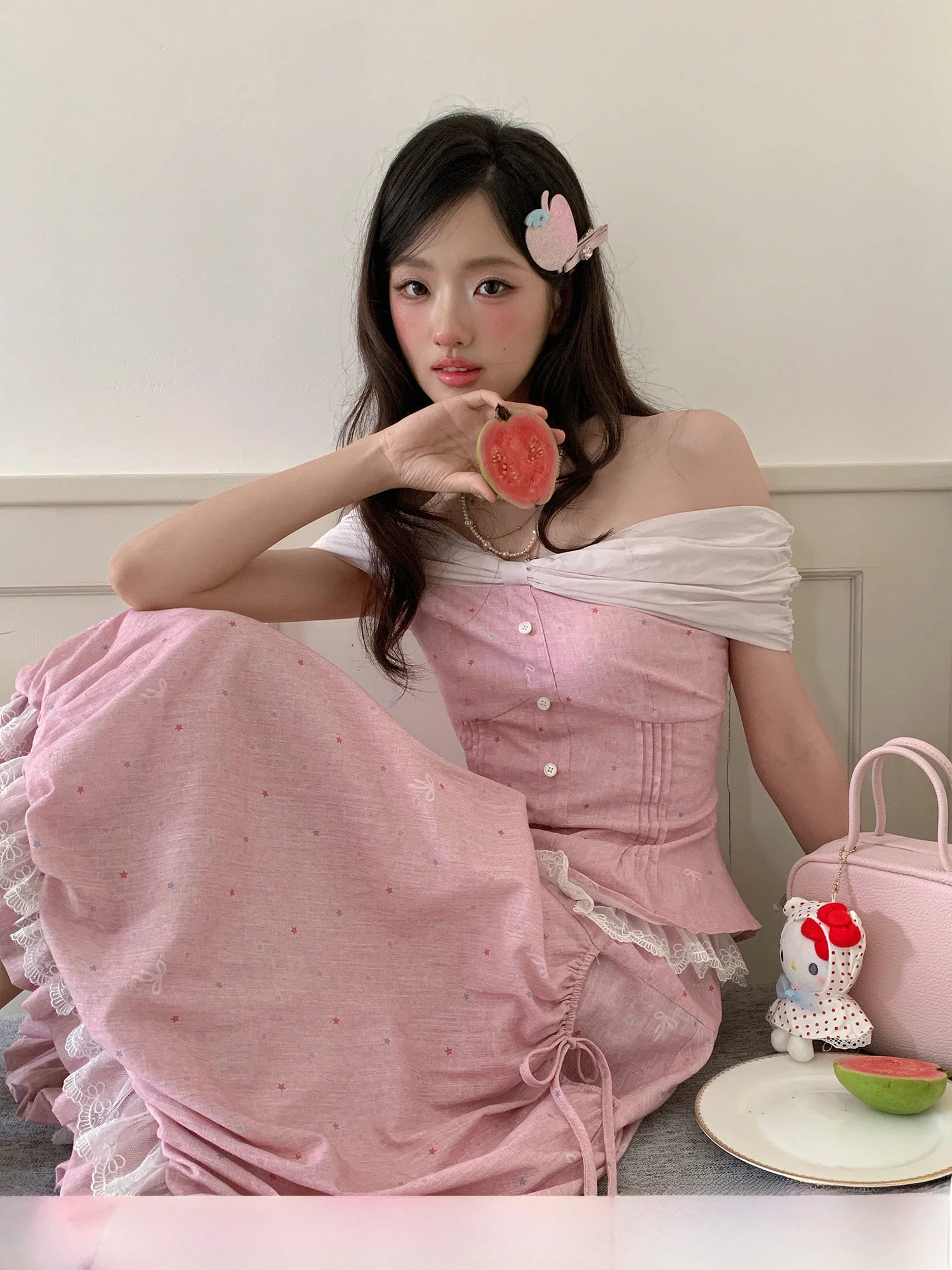RRFIGHT Summer Floral Print Color Block One Shoulder Top And Skirt Set Women's Fashion Breathable Cotton round Neck Short Sleeve