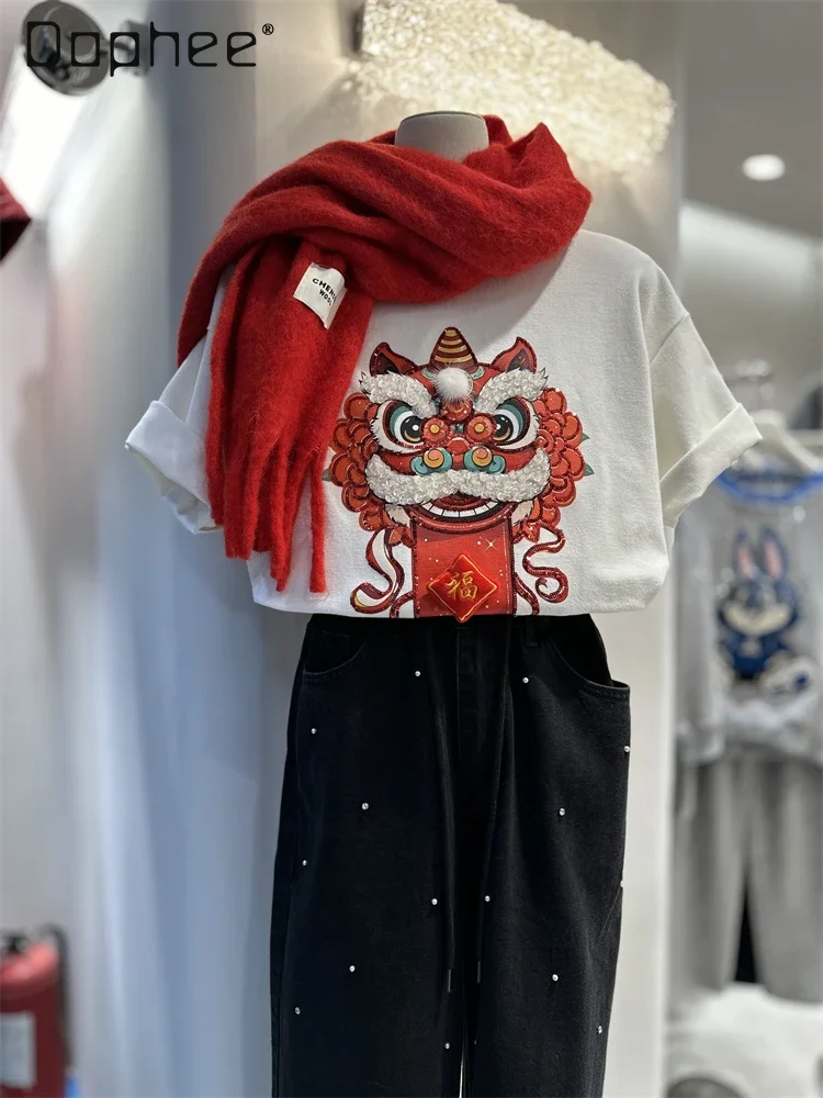 

Chinese Style Cartoon Retro Top 2025 New Heavy Industry Lion Dancing Bottoming Shirt Loose Mid Length Short Sleeve T-shirt Women