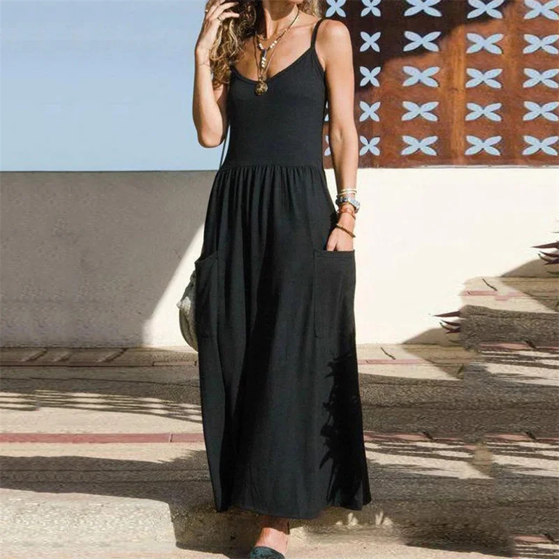 

Women's Big Hem U Neck Sling Dresses Summer Daily Casual Solid Color Splicing Pocket Sleeveless Pleated Dressy Female Clothes 23