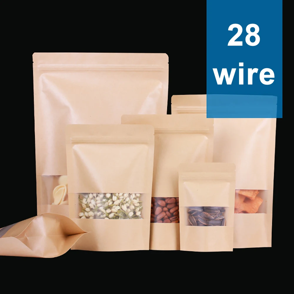 

100PCS Kraft Paper Window Bag Stand Up Resealable Self Sealing Packaging Pouches Storing Cookie Nut Snack Fruit Tea Ziplocks Bag