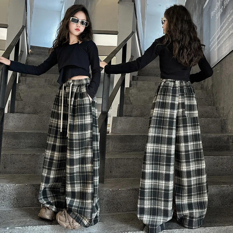 Teenager Girls Clothes Set Spring/Autumn Grid Stitched Shiny Top+Plaid wide leg pants 2pcs junior kid suit child outfits  4-14Y