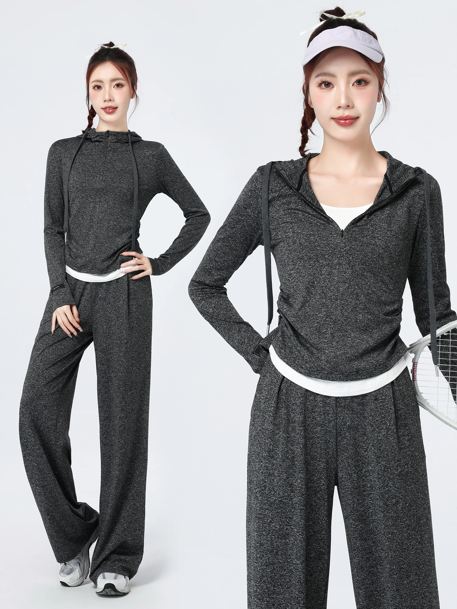 

Women's Outdoor Running Fitn Suit Spring 2026 New Sle Casual Long Sve Hooded Two-Piece Set High Waist Cotton