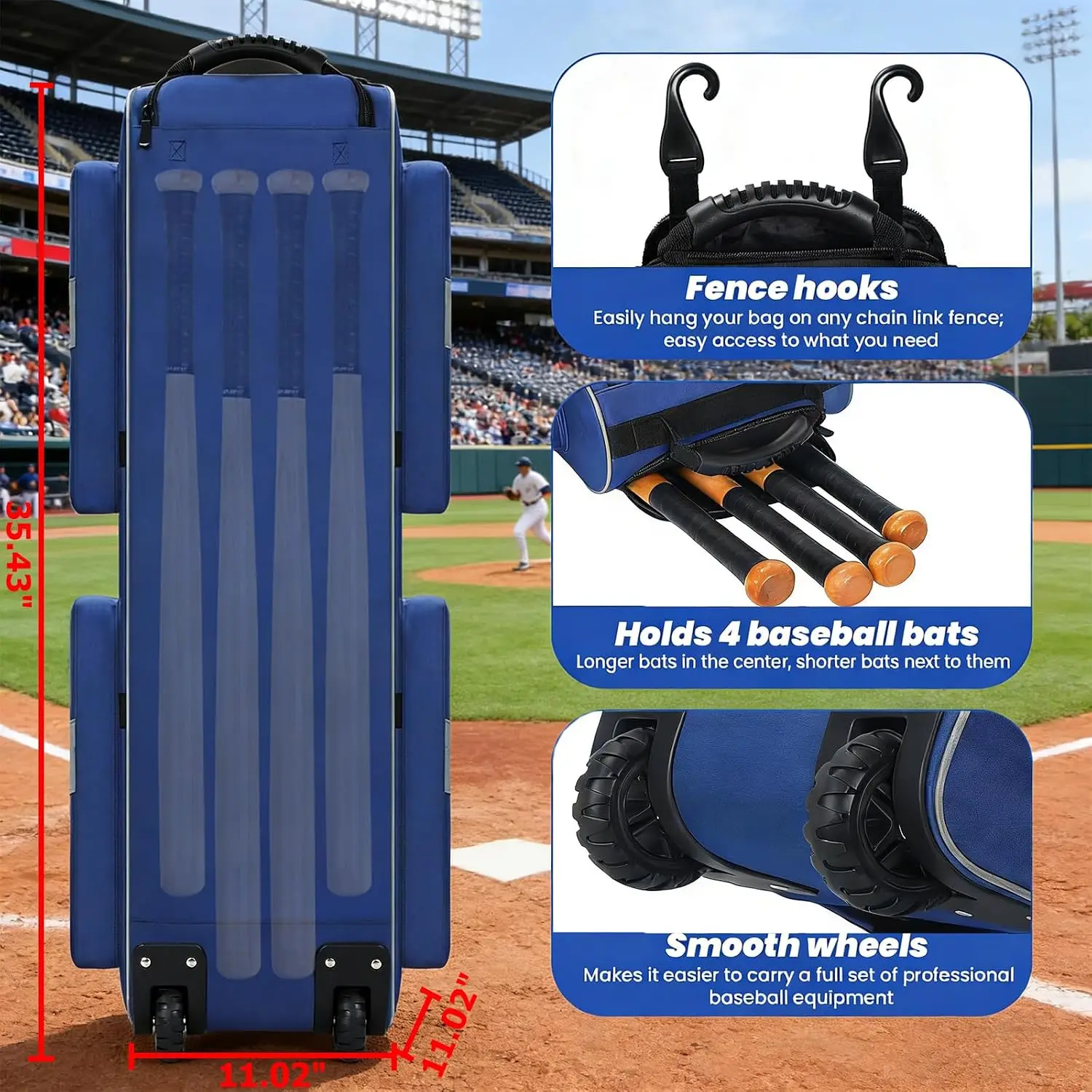 70L Catchers Gear Bag With Wheels Soft Rolling Baseball And Softball Bag Holds Four Bats Multi Pockets Shoe Compartment Fence Hook Portable Equipment Bag Youth Adult Black
