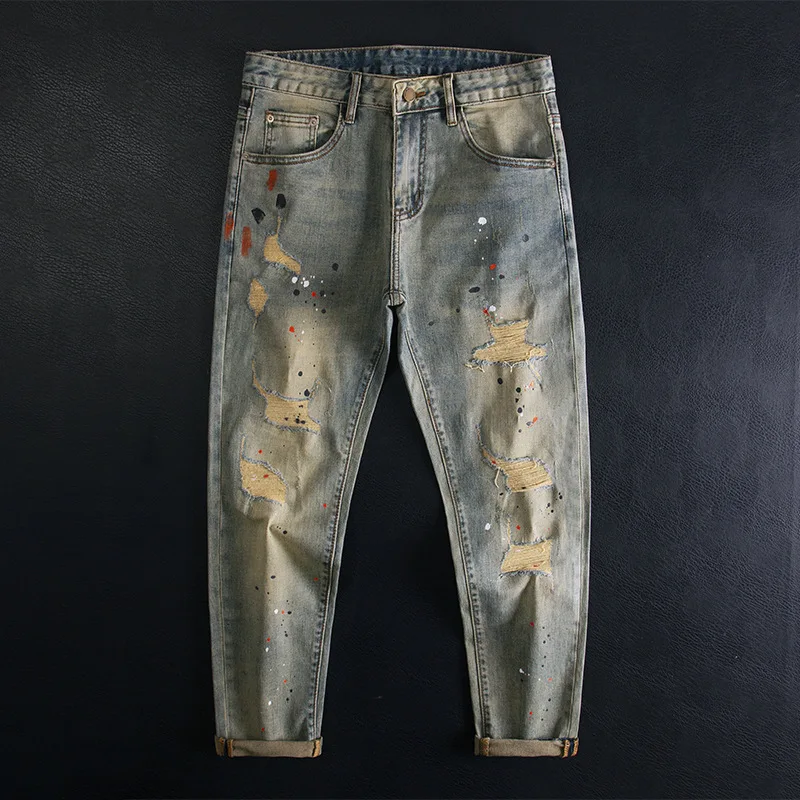 

Splashed Ink Piercing Nine Point Jeans for Men, Slim Fit, Small Feet, Elastic Scratch Patch, Retro Trendy Denim Pants