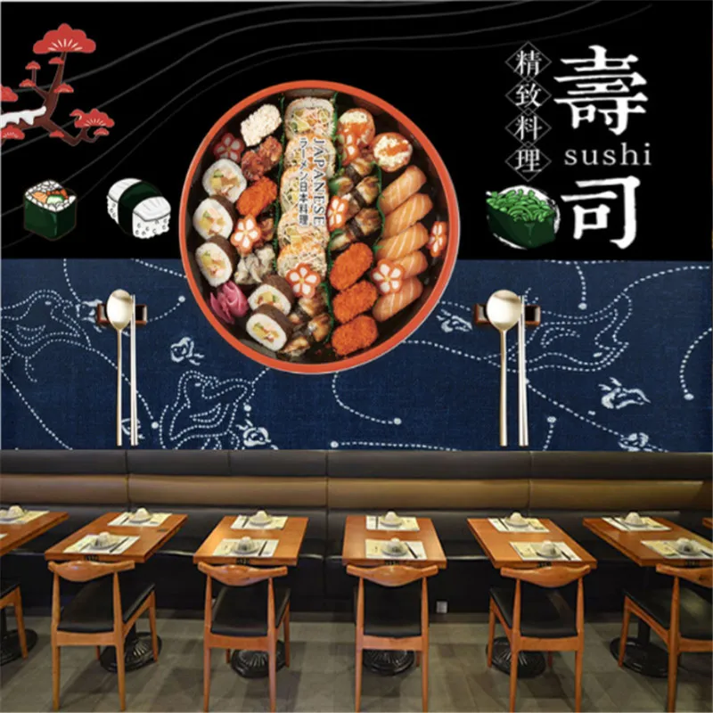 

Sushi Wallpaper Industrial Decor Japanese Culture Gourmet Snack Bar Black Background Wall Paper Mural Papel De Parede