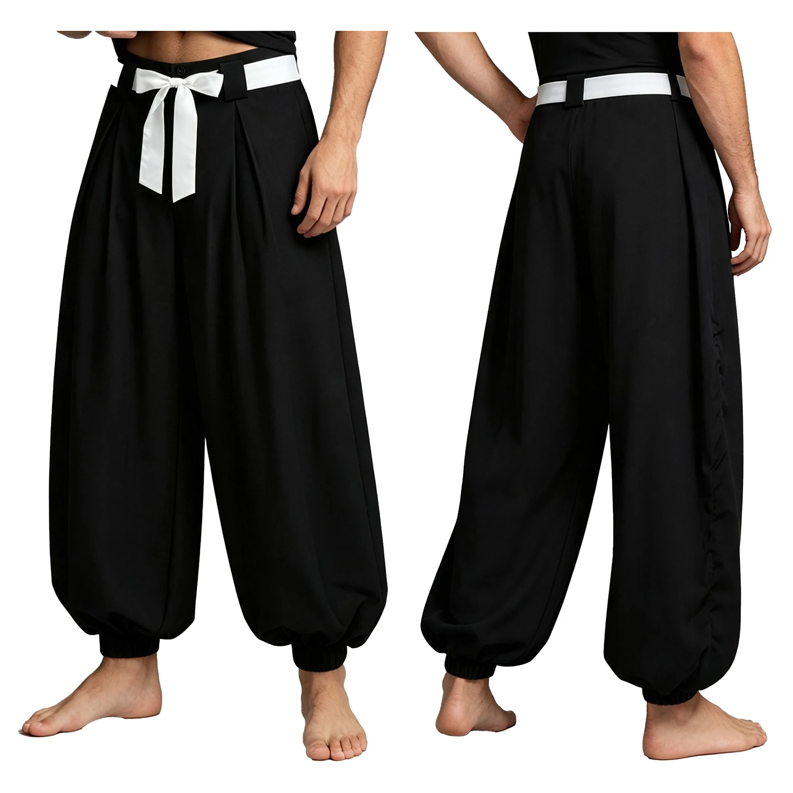 Men Arab Prince Costume Buttons Zipper Harem Pants Bloomers Trousers with Belt for Daily Life Halloween Theme Party Masquerade