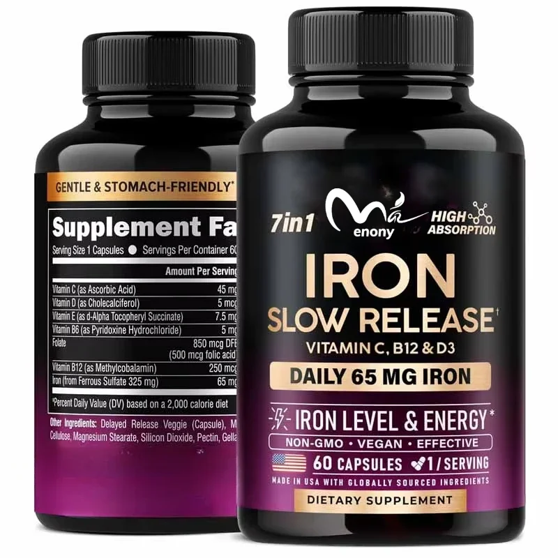 

Women's iron supplement -65mg iron, stomach friendly high absorption -60 capsules of vitamin C, D3, B6, B12, and folic acid