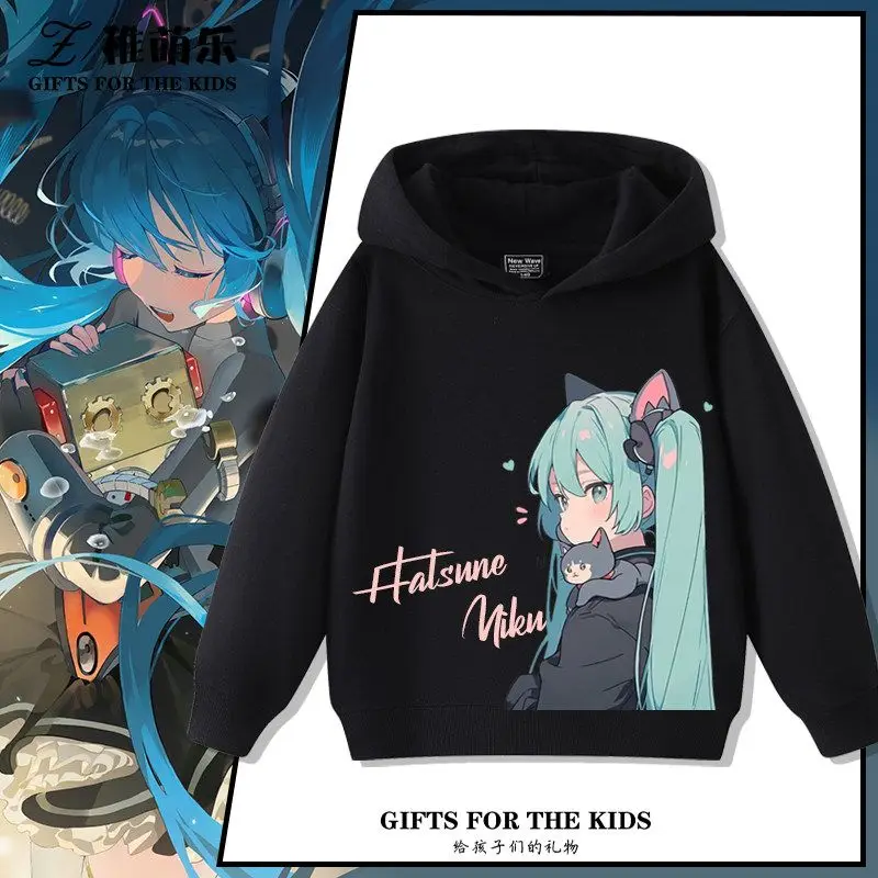 New Hatsune Miku Anime Character Child Hooded Sweatshirt Girl Holding Small Cat Front Print Pullover Loose Fit Long Sleeve Tops