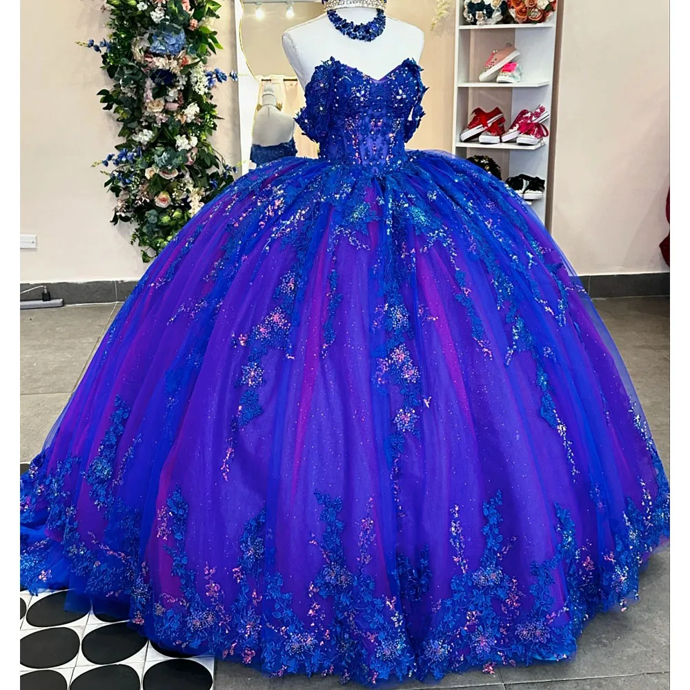 Royal Blue Charro Quinceanera Dresses Ball Gown Off The Shoulder Tulle Flowers Puffy Mexican Sweet 16 Dresses 15 Anos