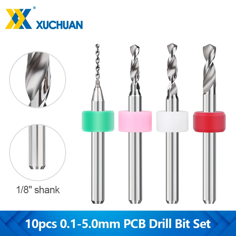 

1/8'' Shank Mini CNC PCB Drill Bit Set 10pcs 0.1-5.0mm Carbide Gun Drill Bit for PCB Printed Circuit Board Hole Drilling Cutter