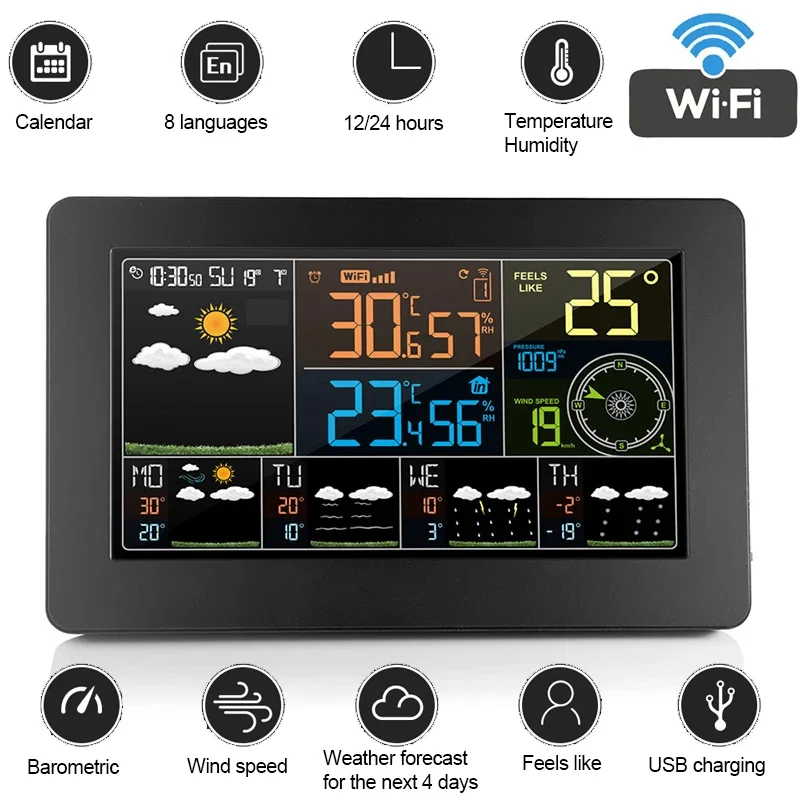 Color Screen WiFi Weather Station APP Control Smart Weather Monitor Barometer Indoor Outdoor Digital Temperature Humidity Meter