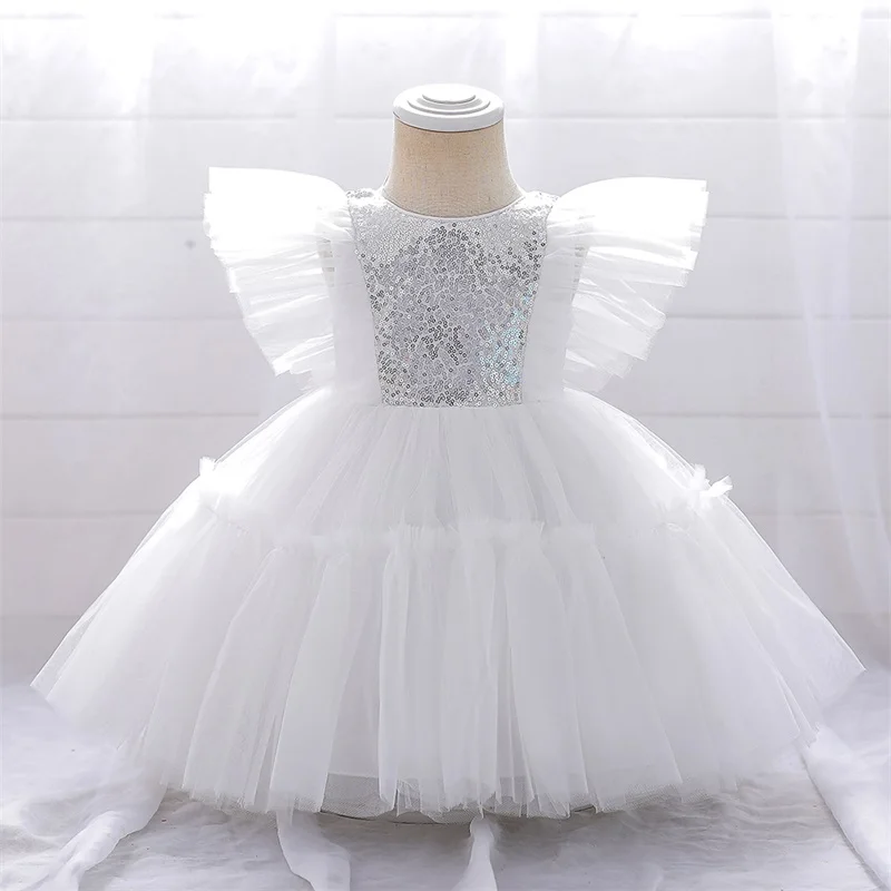 MQATZ Summer Dress White Sequin Bow 1 Year Kid Newborn Christening Princess Toddler Birthday Children Baptism Baby Girl Clothes