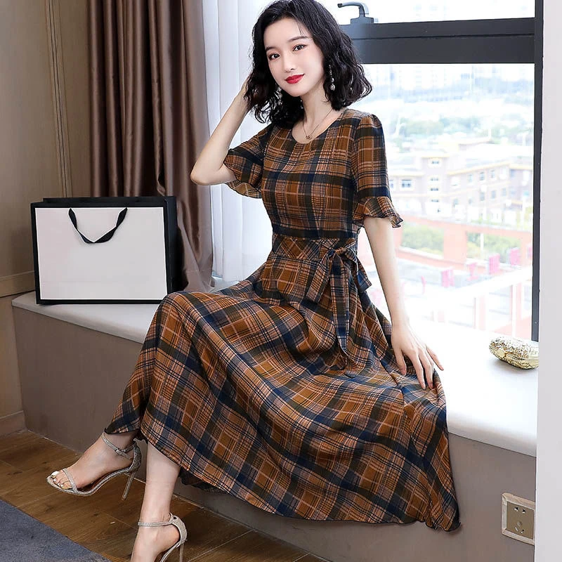 Elegant Fashion Plaid Print Shirring Dresses Summer 2023 New Short Butterfly Sleeve O-Neck Slim Tunic Maxi Dress Female Clothing