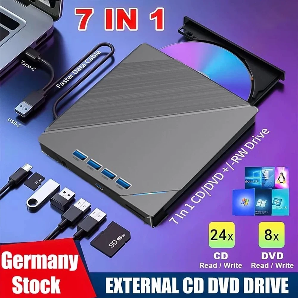 7-in-1 Typ-C & USB3.0 CD-DVD-Recorder, -Player, -Writer, externes DVD-Laufwerk, optisches Laufwerk, tragbarer CD/DVD-Leser für Desktop-PC und Laptop