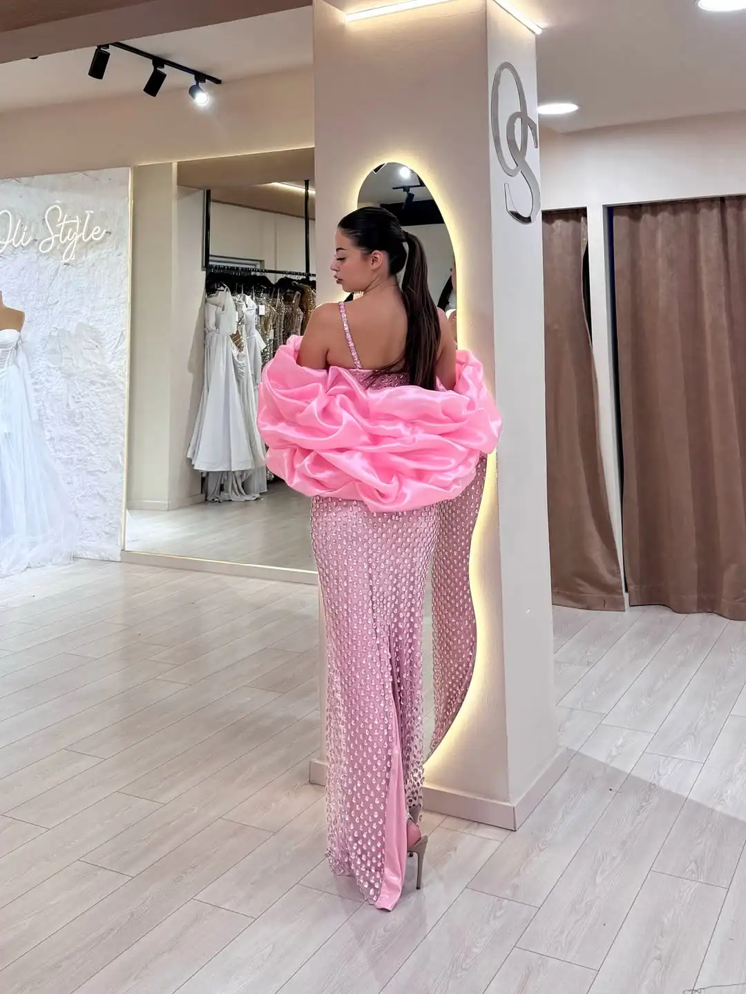 تصميم جديد السباغيتي الأشرطة الديكور كريستال مساء اللباس القوس الكبير فستان حورية البحر مع شال الوردي فستان الأميرة مثير #4