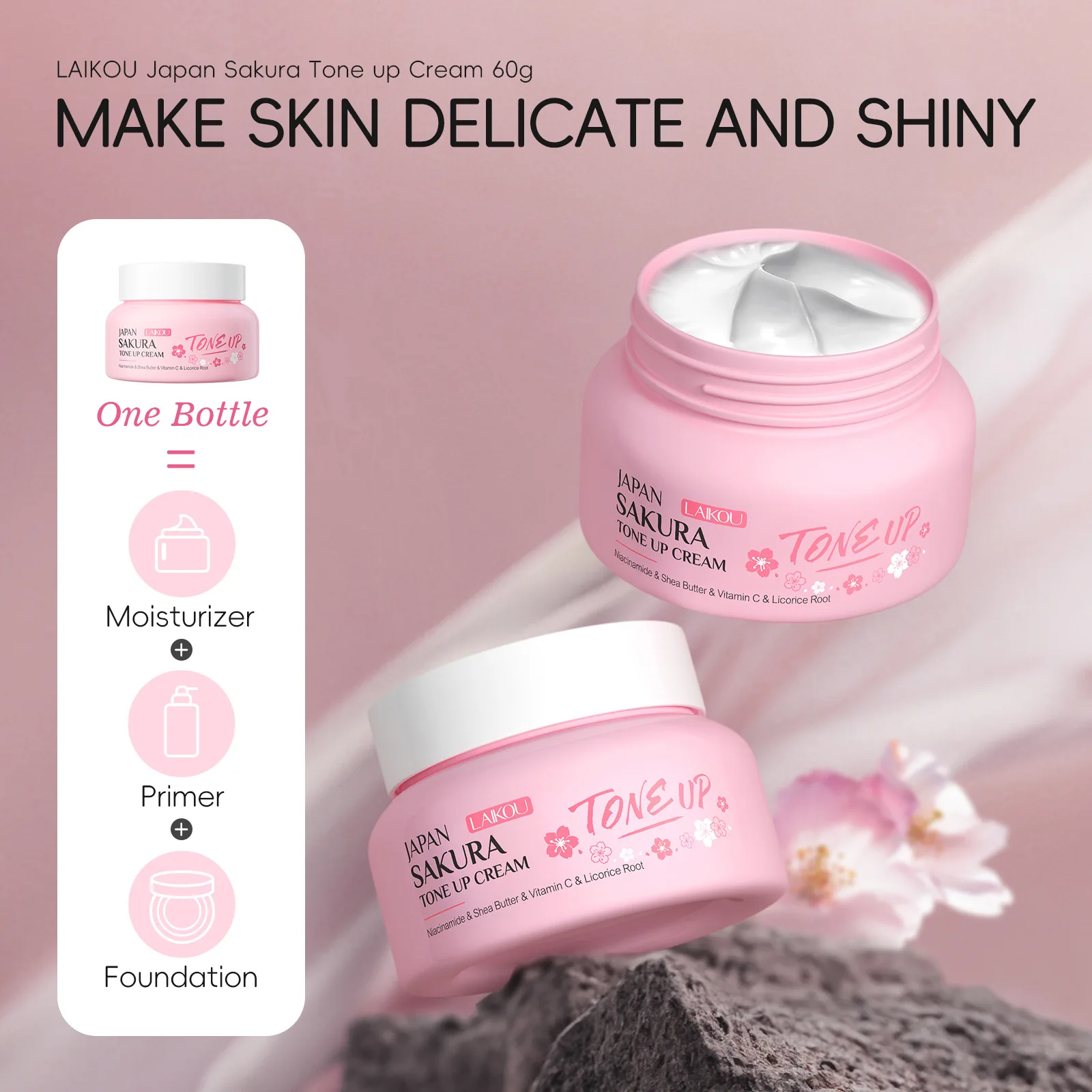 

LAIKOU Cherry Blossom BB Cream, Tone Up Face Cream for Daily Use, Hydrating Natural Concealer Makeup 60g