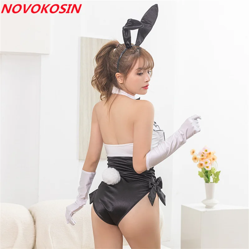 Japanese Women Bunny Halter White Black Three Point Bodysuit With Gloves Costume Cosplay Girl Rabbit Ear  Jumpsuit Bow Underwear