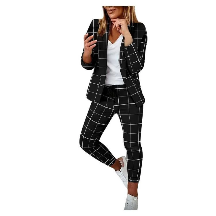 Fashion Women Two Piece Set Outfits 2023 Autumn Women Turn Down Print Blazer Coat Drawstring Pants Suit Women Casual Set