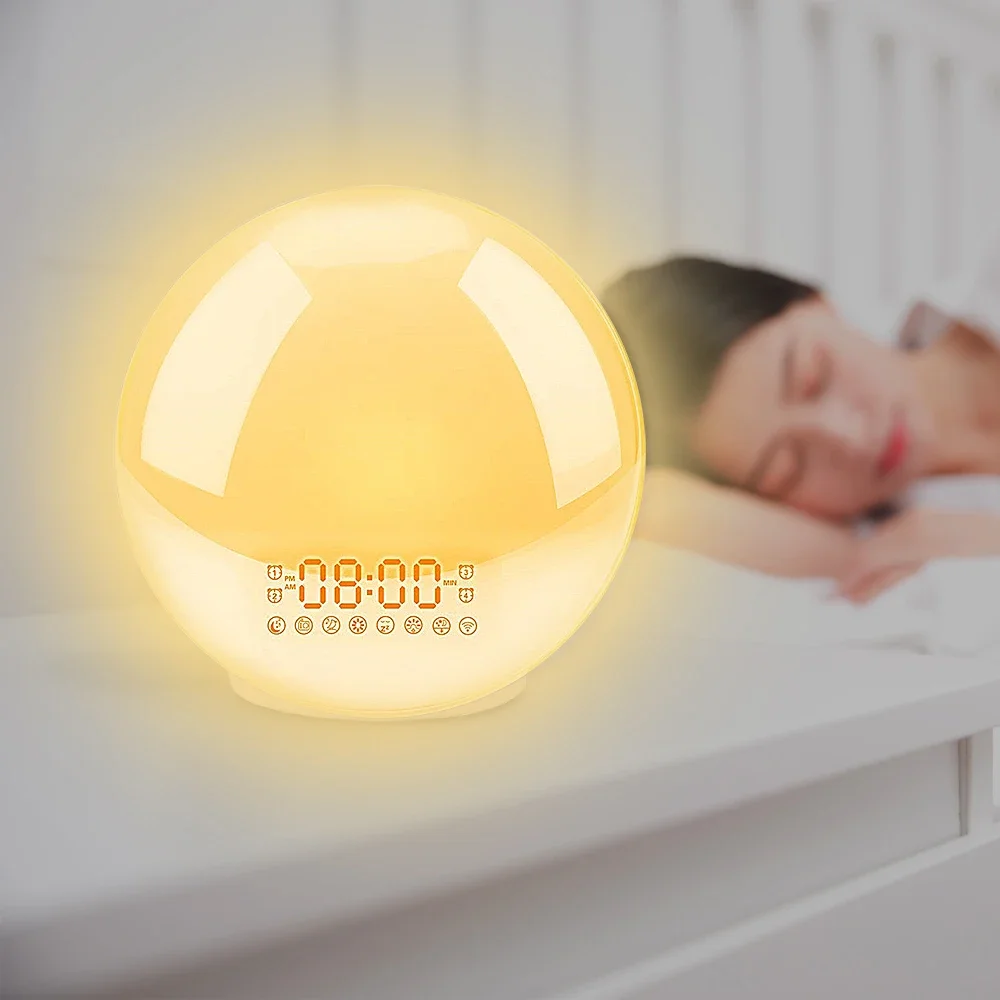 Alarm Clock, Wake Up Light Digital Snooze Alarm Clock Night Lamp Clock Sunrise Colorful Light With FM Radios