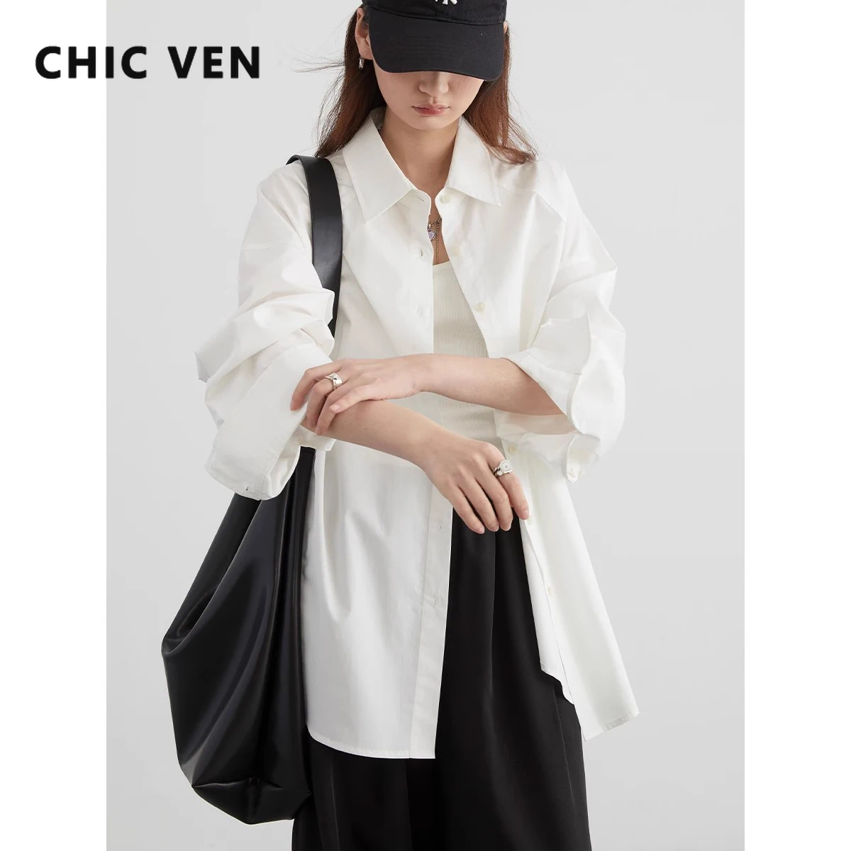 CHIC VEN Women Shirt Solid Long Sleeve Loose New Casual Lapel Female Blouses Single Breasted Mid Length Tops Spring Summer 2024