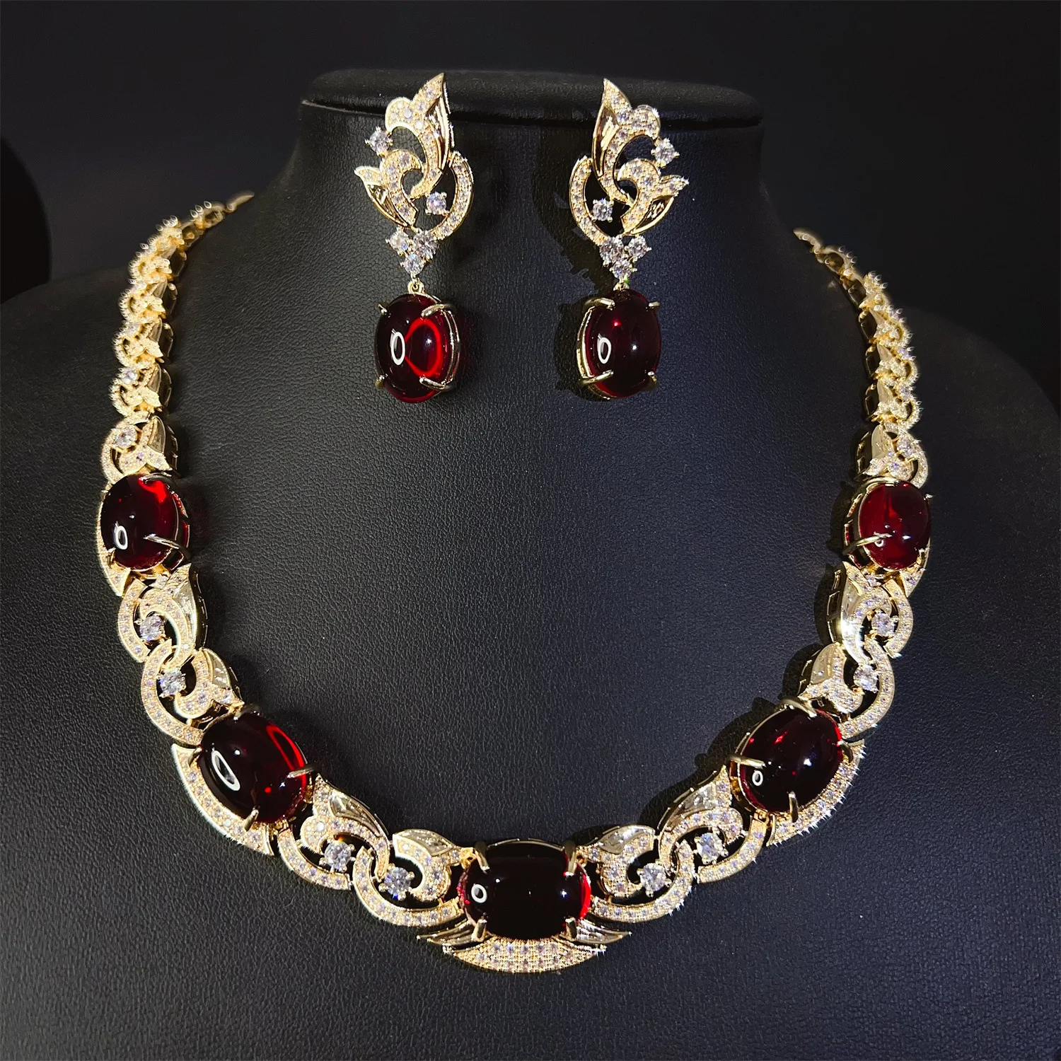 

Gorgeous jewelry sets zirconia necklace earrings gold color red green artificial gemstone wedding bride dinner party jewelry