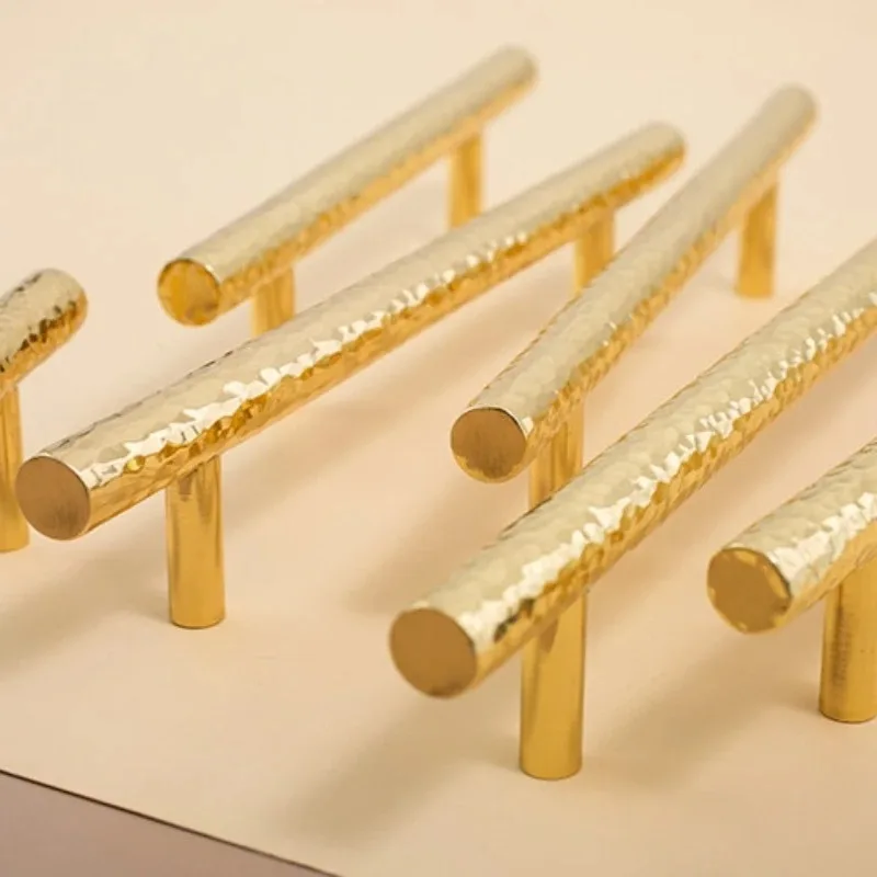 Gold Hammer Texture Solid Brass Cabinet Door Knobs and Handles Hardware Furniture Cupboard Wardrobe Drawer Pulls T Bar Handles