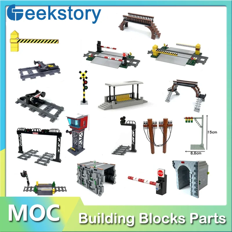 Stadstrein Verkeersstation Blokken Onderdelen Spoorweg Verkeerslichtlichten/Gangpadbarrière/Pole Rod/Buffer Shelter/Tunnel Cave Bricks