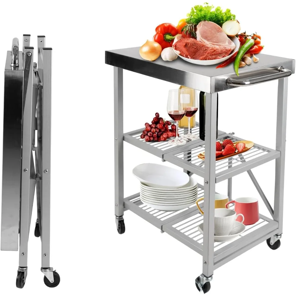 

3-Tier Folding Kitchen Stainless Steel Cart, 300lbs Load Capaciy Folding Utility Storage Table with Wheels,