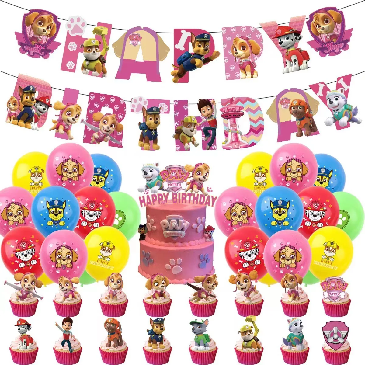 Paw Patrol Birthday Party Decoration Supplies Skye Pink Girls Balloons Napkins Cups Plate Tablecloth Baby Shower for Kids Happy