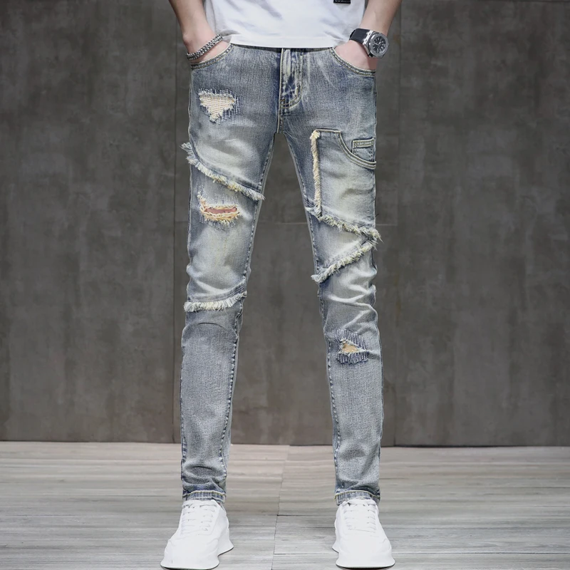 

Street hip-hop retro men's jeans personalized hole embroidery raw edge Slim small straight leg splicing elastic men's pants