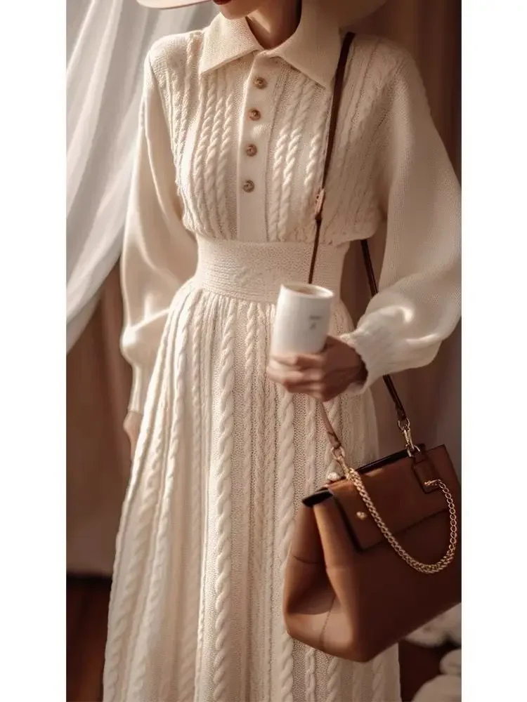 MiiiiX Office Lady Casual Knitted Shirt Dress Women's 2024 Autumn Waist Design Single-breasted Long-sleeved Sweater Dress