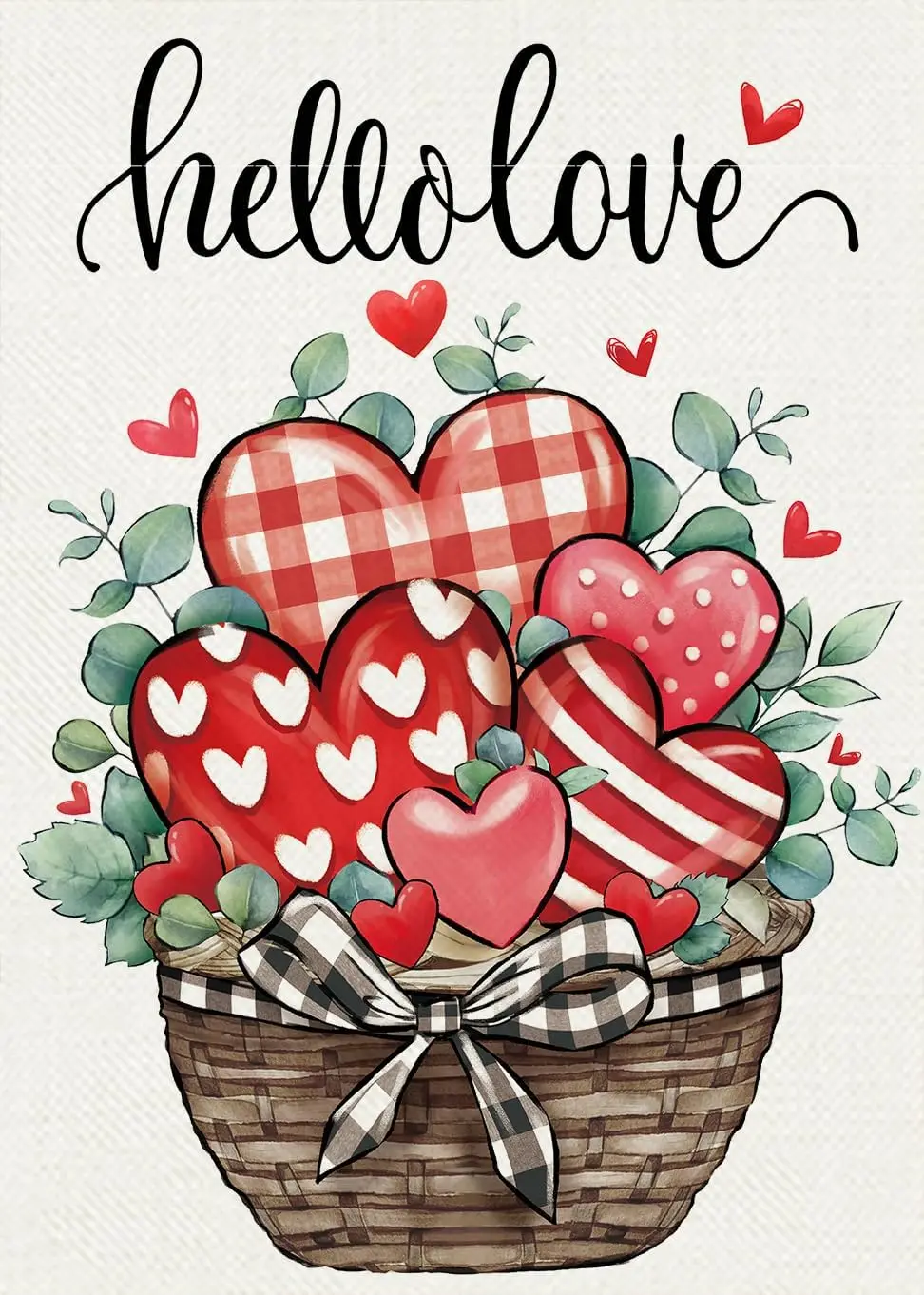 Hello Love Red Heart Decorative Garden Flag, Valentine's Day Leaves Plaid Stripes Basket Yard Outside Decorations, Anniversa