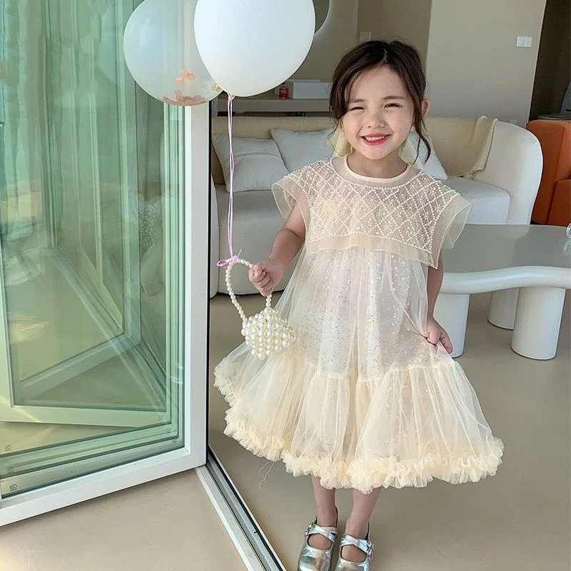 2023 New Girls Mesh Dress Summer Square Collar Female Baby Birthday Party Dresses Candy Color Fairy Puffy Princess Dress 2-10T