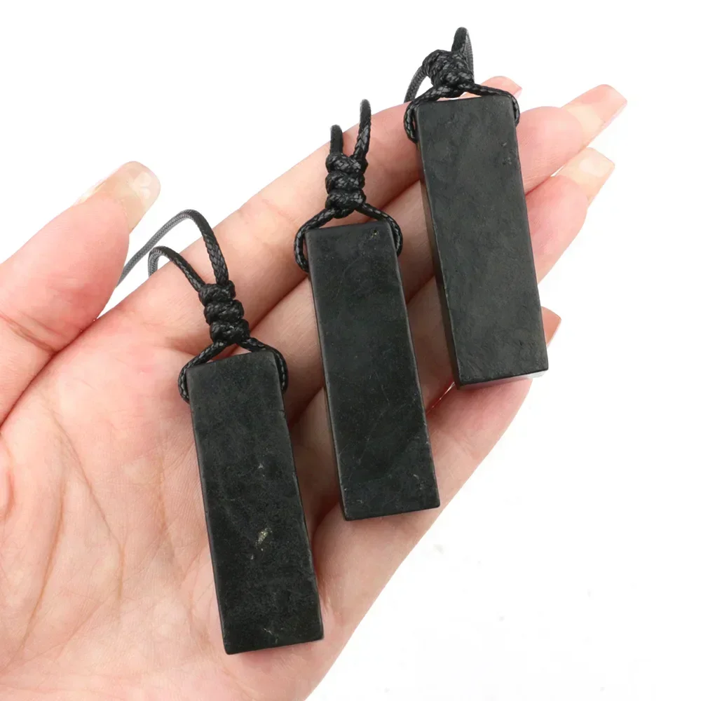 Black Shungite Necklace Long Rectangle Pendant Natural Energy Stones Gems Reiki Healing Crystal for Men Women Protection Jewelry