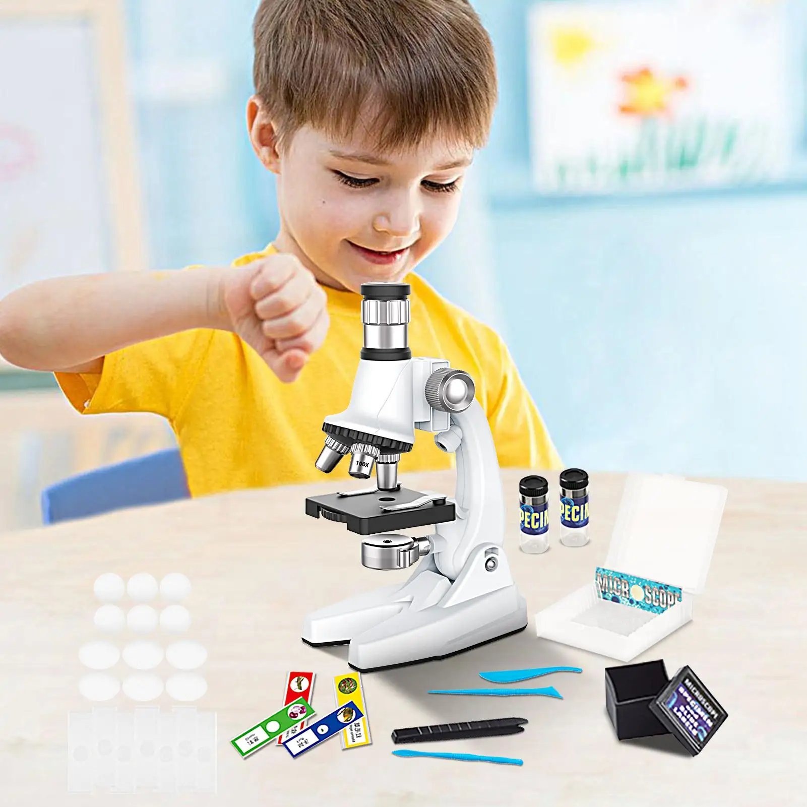 Beginnersmicroscoopset Voorbereide objectglaasjes Leerexperiment Kinderen Microscoop Wetenschapsspeelgoed voor thuislaboratorium Klaslokaal Jongens