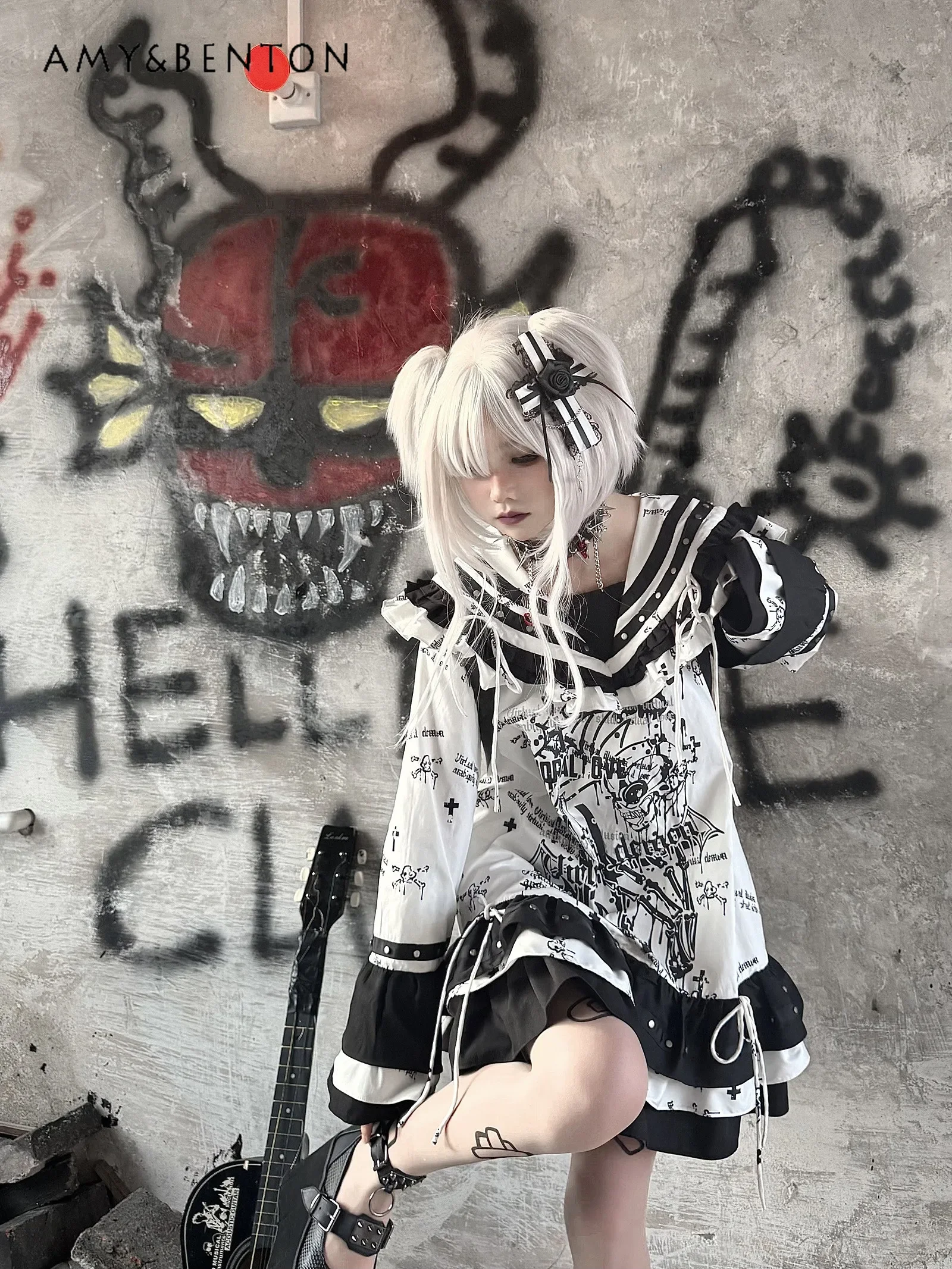 اليابانية Jk بحار دعوى الظلام فتاة ثقافة فرعية الكرتون طباعة كشكش حافة البحرية طوق فستان بكم طويل القوطي Y2K فساتين نمط فاسق