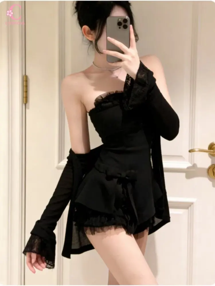 Elegant Hepburn Style 3-Piece Set Women Black Lace Sheer Cardigan + Bow Tube Top + Mesh Skort Y2K Coquette Outfit Korean Chic