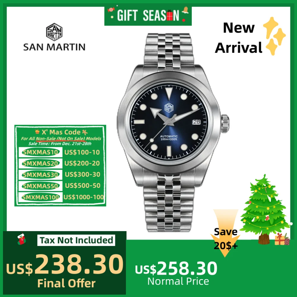 

San Martin Watch For Men NH35 Sports Wristwatch 39mm Sunray Enamel Dial Jubilee Bracelet Swim Waterproof Reloj Hombre SN0053