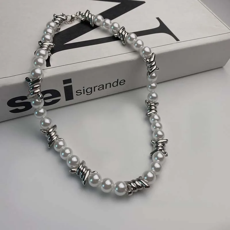 فاسق تقليد اللؤلؤ الشوك سلسلة قلادة للرجال النساء الهيب هوب القوطية المعادن الأسلاك الشائكة ليتل شوكة قلادة مجوهرات هدايا #6