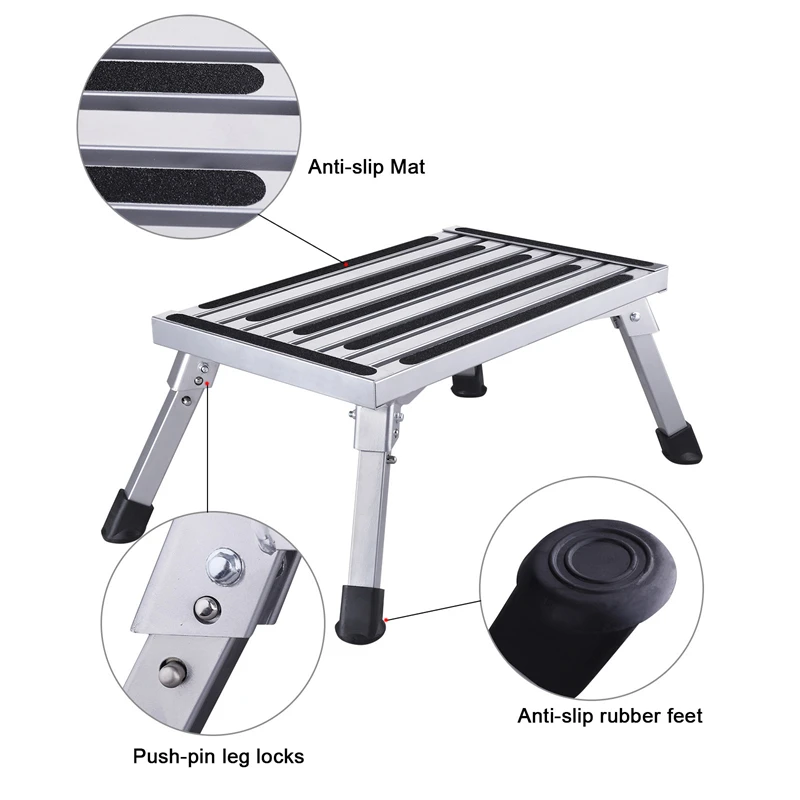 Stable RV Steps Adjustable Aluminum Folding Platform Step with Non-Slip Rubber Feet Step Stool One Step Ladder, Rubber Feet