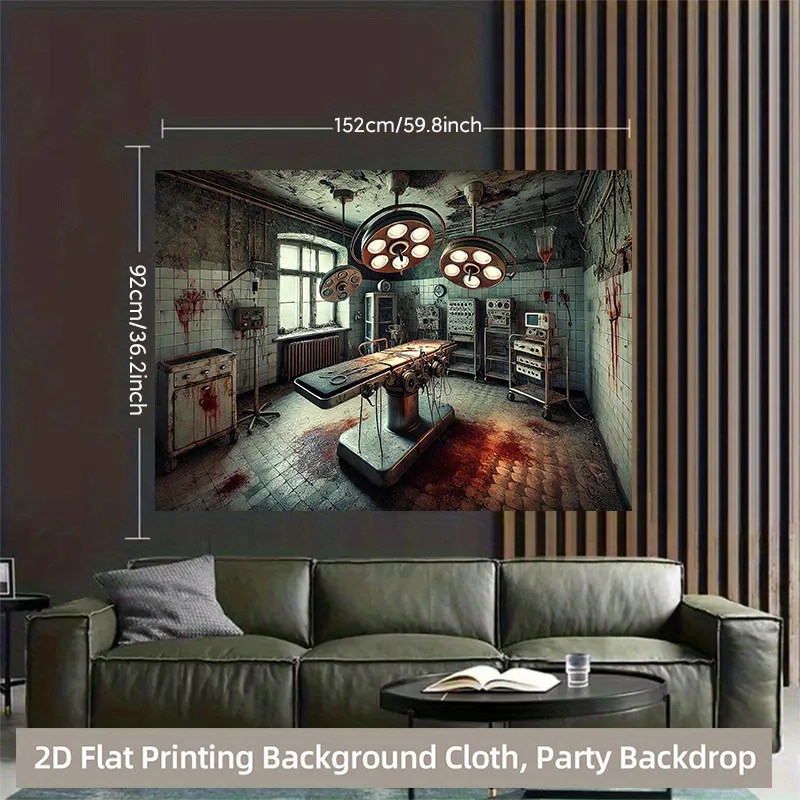 Abandoned Operating Room Tapestry, Horror Medical Theme with Blood Splatter and Vintage Equipment  for Halloween Party Decor
