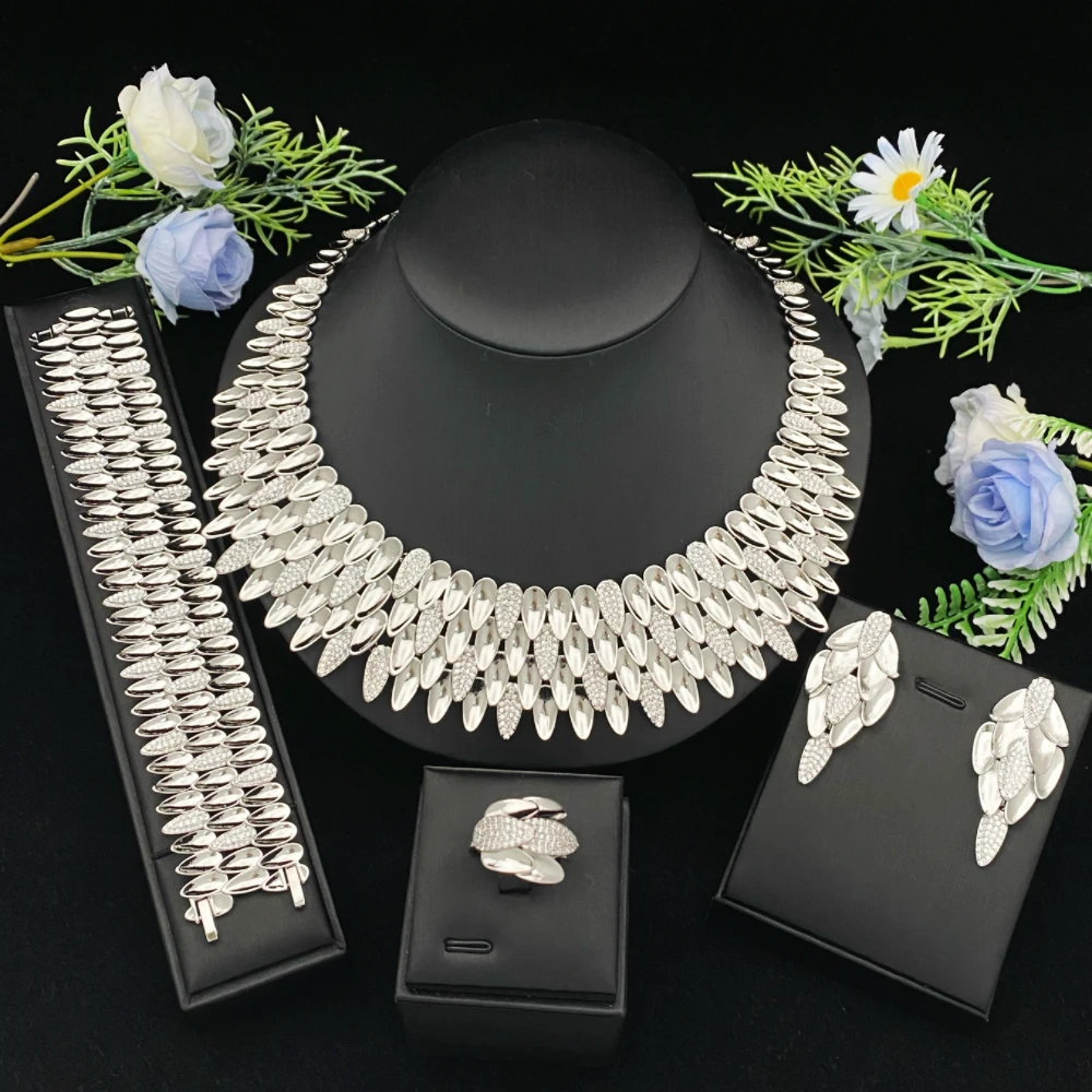 

JRH New Bride Jewelry Set Luxury Platinum Like Zircon Wedding Jewelry Gift Box Bracelet Ring Necklace Earrings