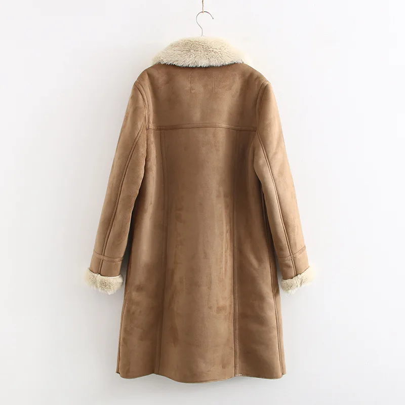 Casaco de camurça longa quente para inverno feminino, parka, trincheira, shearling falso, couro de carneiro, casaco de pele de cordeiro, sobretudo