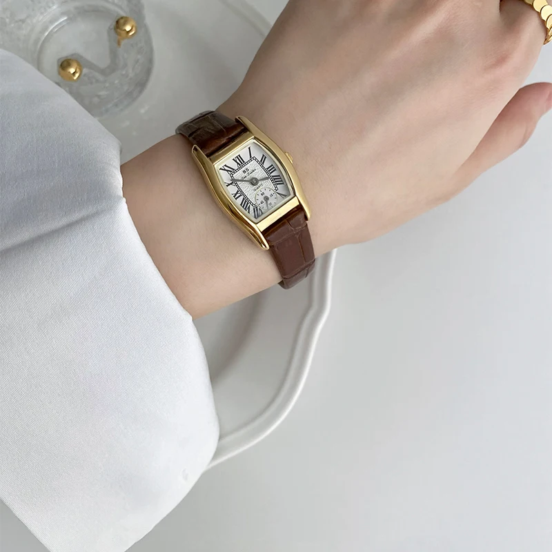 

Элегантные коричневые женские часы в стиле ретро, простые и роскошные женские наручные часы в форме бочонка с водонепроницаемым кварцевым кожаным ремешком