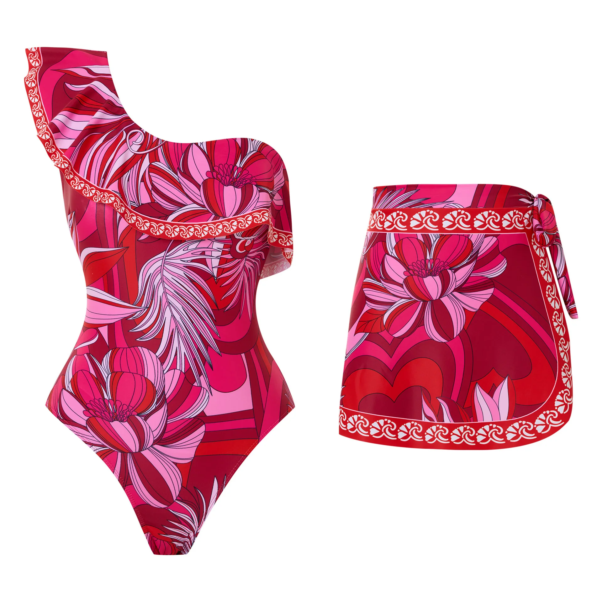 Sexy Ruffle Edge One-Piece Swimsuit with Chiffon Short Skirt Two-Piece Beach Bodysuit for Women Stylish 2025 Swimwear