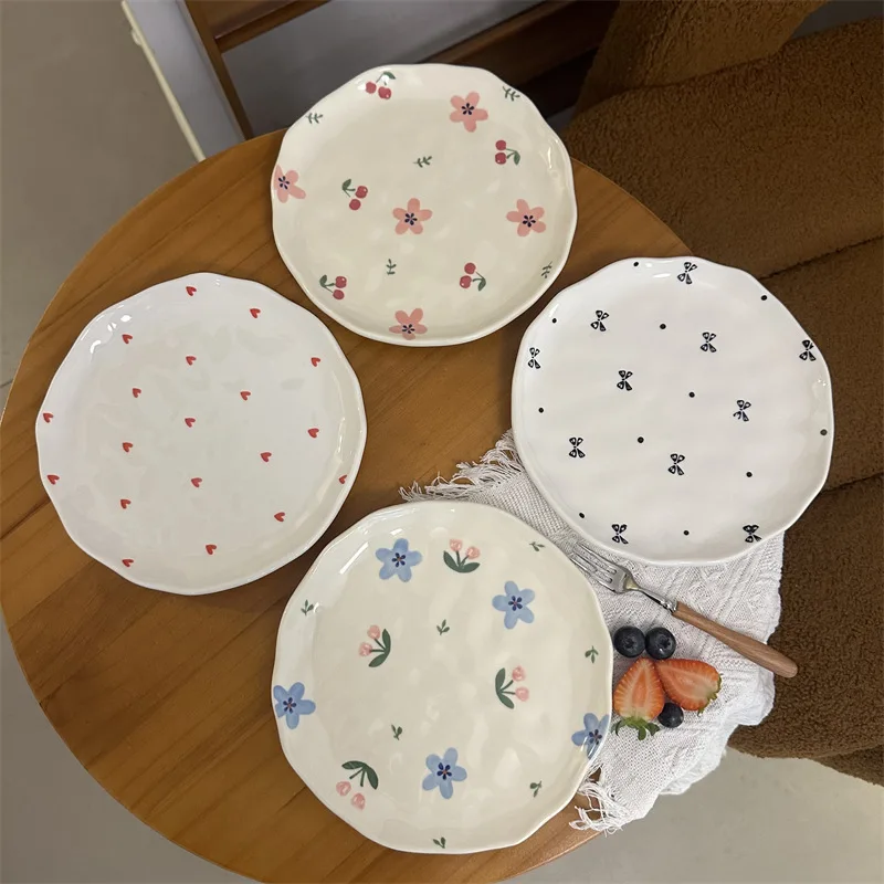 Dinner Plate Irregular Ceramic Disc Cake Dessert Plate Dim Sum Plate Dishes Flower Print