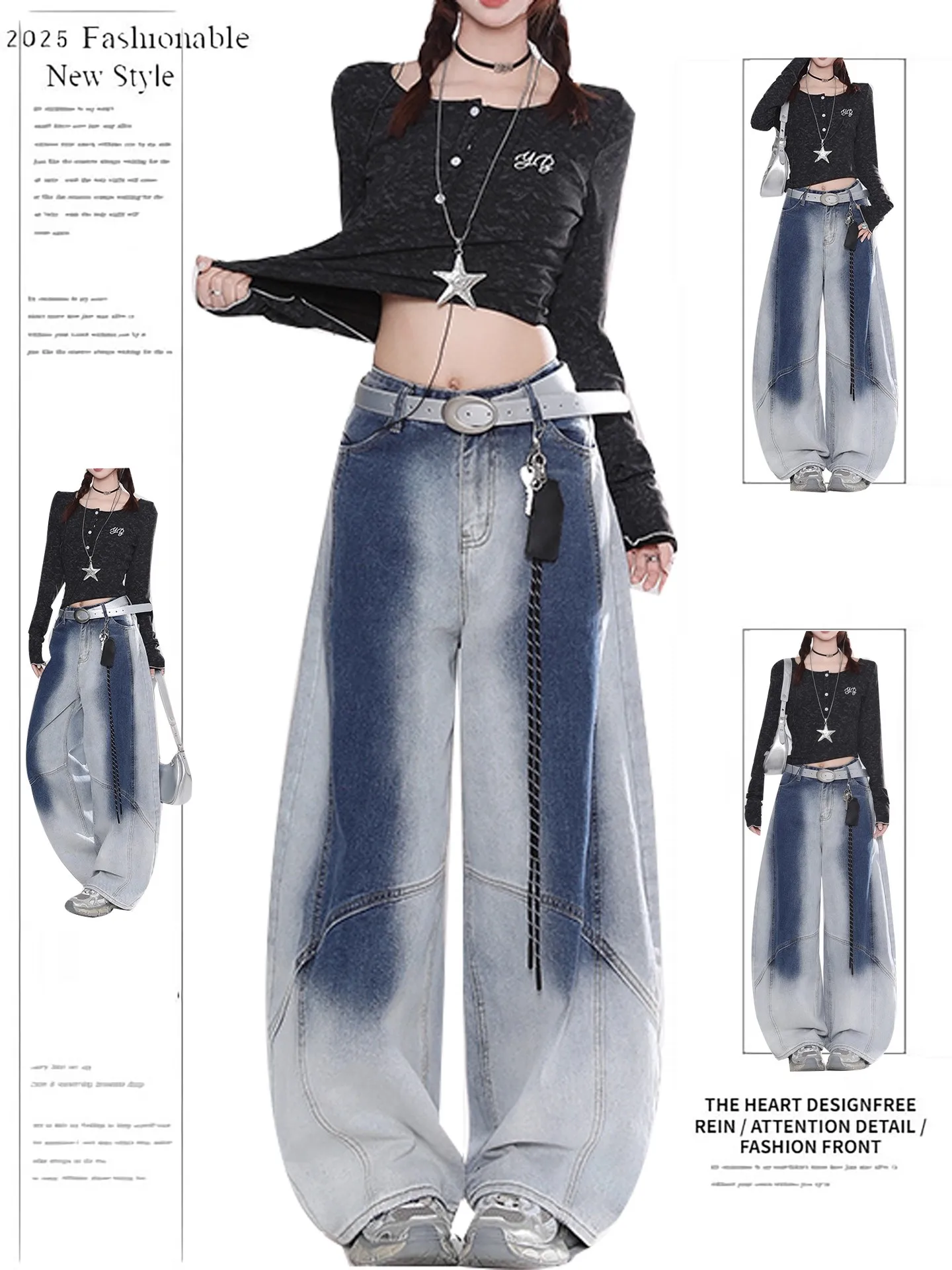 Allez adient américain Sle Vintage Denim jean femme ample jambe large pantalons longs taille haute décontracté bleu jean