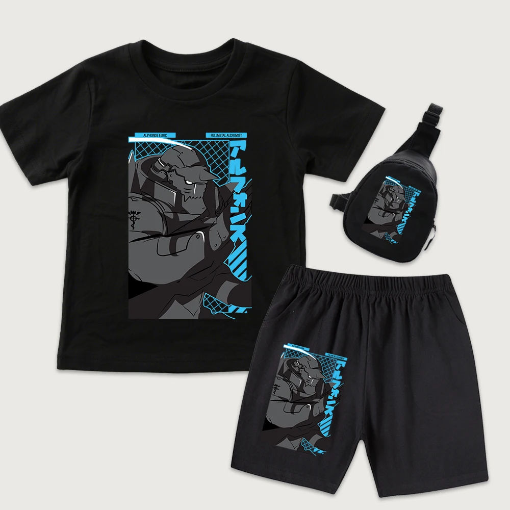 Full Metal Alchemist Alphonse Print Kids Cotton Casual Set T Shirt Shorts Mini Chest Bag 3Pcs Set for Boys Girls
