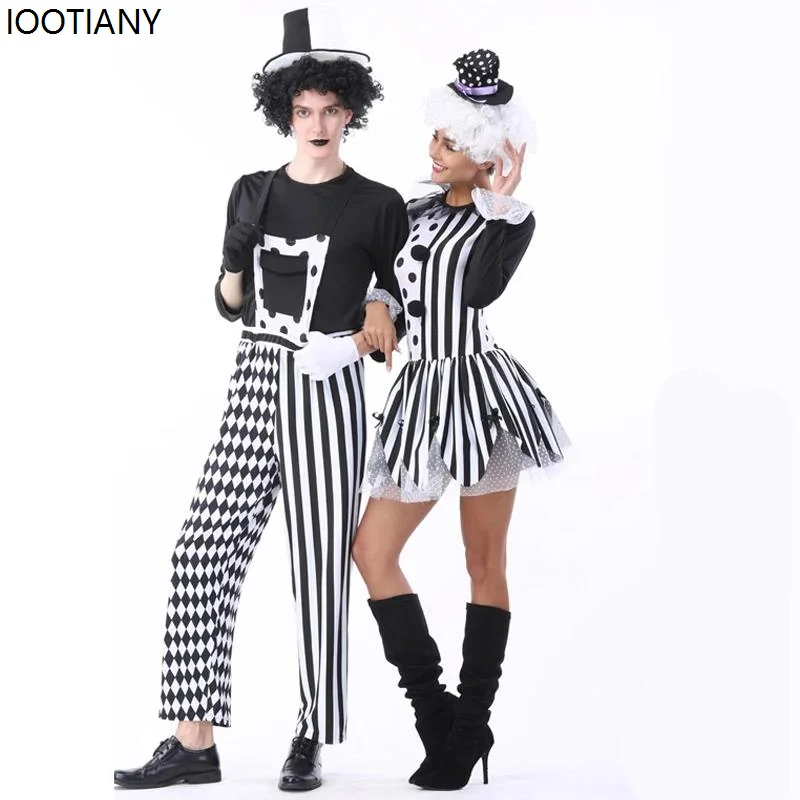 

Black And White Couple Circus Striped Clown Men's Unknown Role Playing Clown Women's Evil Playful Clown Halloween Party Costume